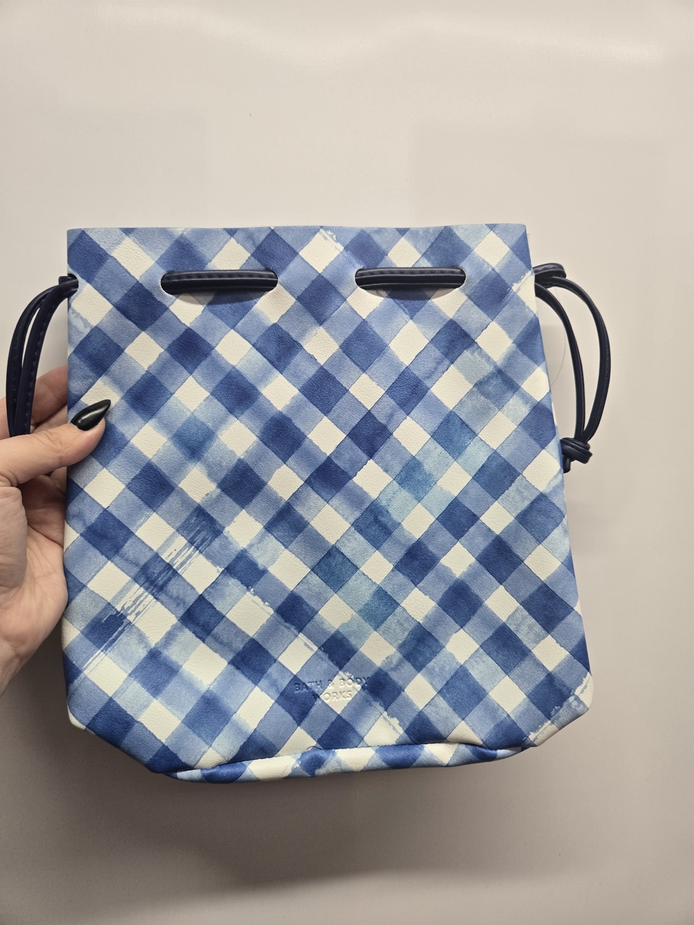 Bath & Body Works Blue Gingham Drawstring Crossbody Bag